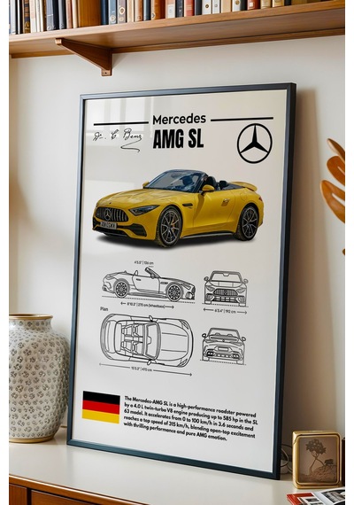 Mercedes-amg Sl Tablo - Teknik Özellikli Lüks Roadster Poster - Çerçeveli Duvar Dekoru - Blueprint Siyah