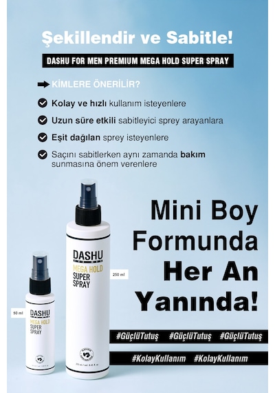 Hızlı Kuruyan, Ultra Güçlü Tutuşa Sahip Saç Şekillendirici Sprey Dashu For Men Mega Hold Super Spray 50ml