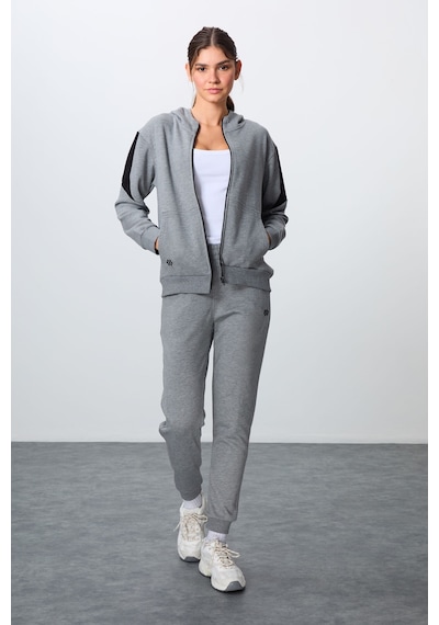 Tommy Life Gri Melanj Kompakt Pamuklu Kalın Pürüzsüz Dokulu Kapüşonlu Oversize Fit Kadın Eşofman Takım - 95343 GRİ MELANJ