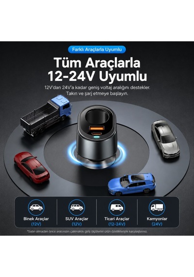 Essager 120w Süper Hızlı Araç Şarj Cihazı 35w Type-c + 30w Usb Hızlı Şarj Ve 85w Çakmaklık Çoklayıcı