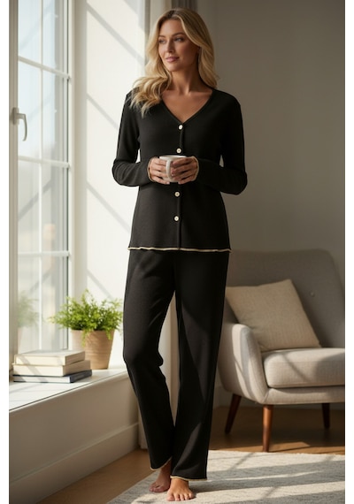 Epilons Zenviaatt2 Premium Kadın Fitilli Pijama Takımı Siyah Gold Biye Detaylı, Yumuşak Dokulu Ev Şıklığı Zenvi312