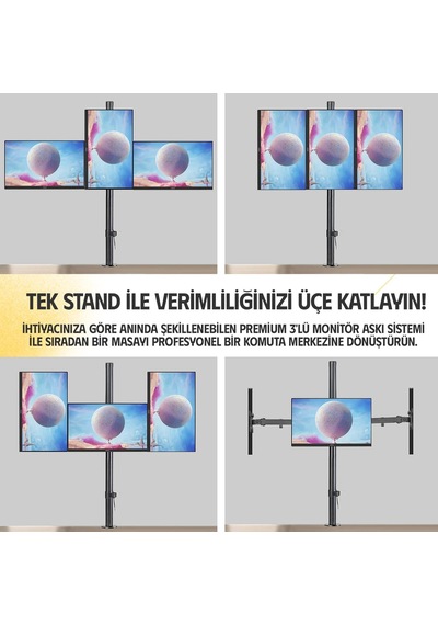 Ef53 Steel Design 2-8 Kg Üç Ekran Montaj Asansörlü 13-27inch Monitör Standı