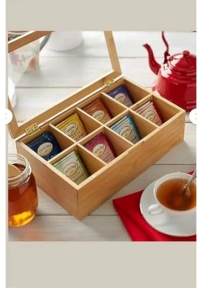 8 Bölmeli Bambu Poşet Çay Kutusu Bambu Organizer Kutu Takı Aksesuar Kutusu 30x20x7cm Çok Renkli