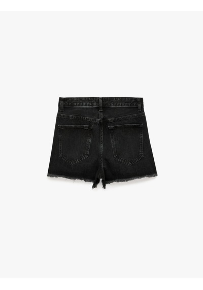 Koton Yıpratma Detaylı Pamuklu Cepli Düğmeli Mini Denim Şort Siyah 6sal40232md