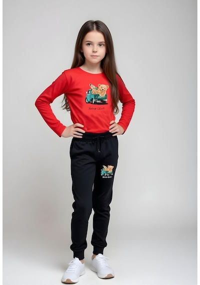 Fyk Kids Kız Çocuk Baskılı Bel Detayı Lastikli Alt-üst Pijama Takımı Kırmızı