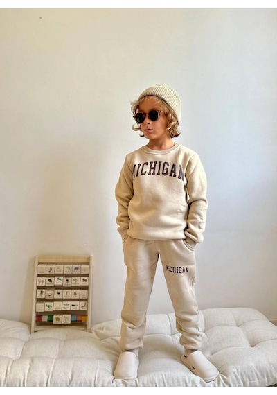 Jolly Kids Erkek Çocuk Michigan Yazı Baskılı Sweatshirt Takım Krem