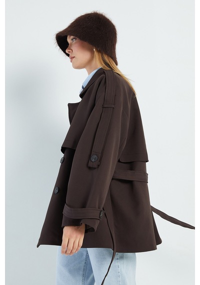 Fullamoda Beli Kemerli Kruvaze Yaka Oversize Trençkot Kahve