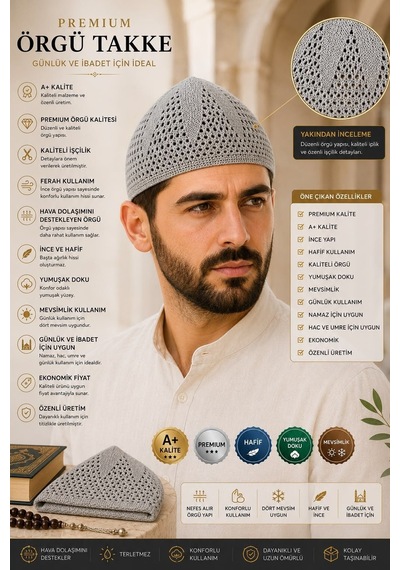 Premium Örgü Takke Nefes Alan İnce Ve Hafif Erkek Takkesi Gri Yeşil