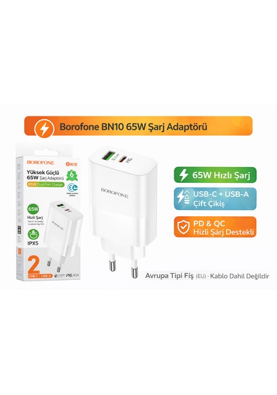 Bn10 65w Süper Hızlı Şarj Aleti Type-c Pd & Usb-a Qc Çift Portlu Adaptör