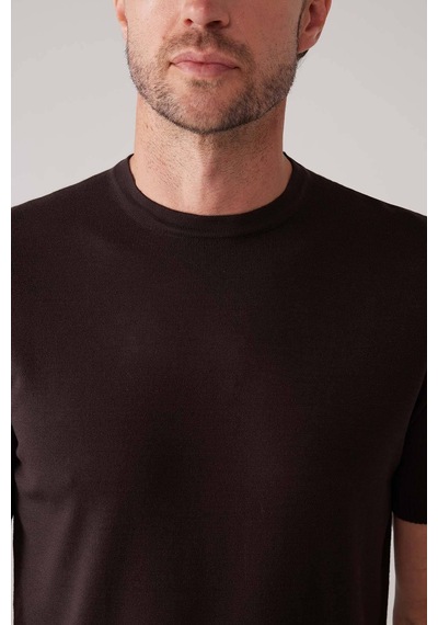 Erkek Kahverengi Slim Fit Bisiklet Yaka Yazlık Triko Tişört