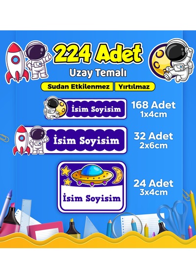 Uzay Temalı Okul Kreş Kişiye Özel İsim Etiket Seti - Model 524 Çok Renkli