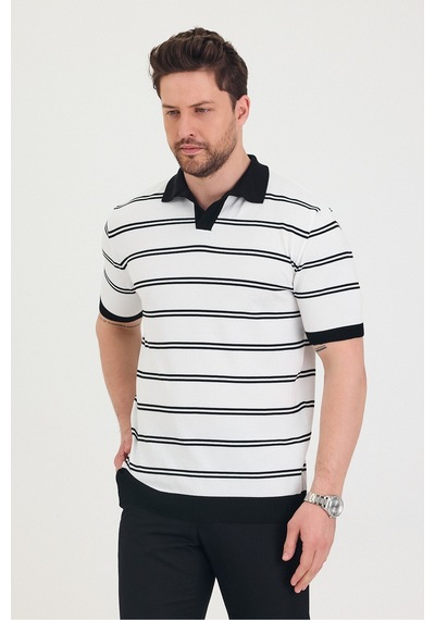 Tarz Cool Erkek Polo Yaka Çift Çizgi Detaylı Triko T-shirt Beyaz