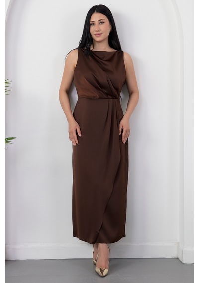 Kalopya Kare Yaka Beli Büzgülü Yırtmaçlı Elbise Yzc25y223 A.kahve