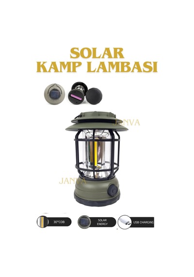 Janva Solar GÜneş Enerjili Nostaljik Işığı Ayarlanabilir Ledli Kamp Feneri Lamba Işıldak Usb Şarjlı 18650 Yeşil