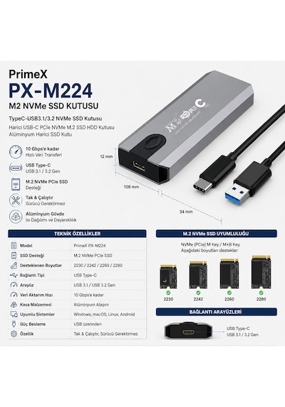 Primex Px-m224 M2 Nvme Ssd Kutusu, Typec-usb3.1/3.2 Nvme Ssd Kutusu, Harici Usb-c Pcıe Nvme M.2 Ssd Hdd Kutusu, Alüminyum Harici Ssd Kutu