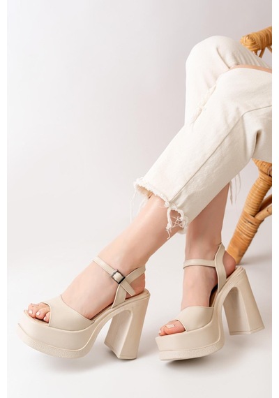 Asmi Shoes Kadın Tek Bantlı 12cm Platformlu Topuklu Ayakkabı Krem Krem