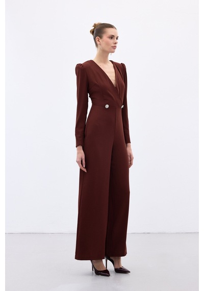 Sateen Kruvaze Süs Taşlı Krep Tulum - Bordo-136568 Bordo