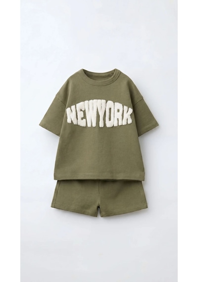 Magu Erkek Çocuk Pamuklu Yeşil New York Yazı Aplikeli T-shirt Şort Takım