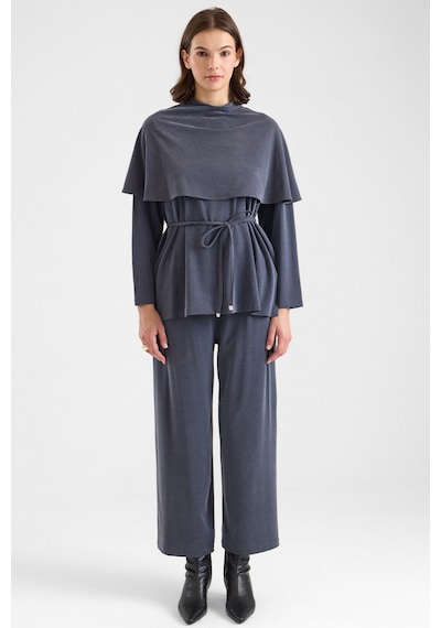 Olcay Şal Aksesuarlı Premium Kumaş Tunik Pantolon Füme 9470-tk