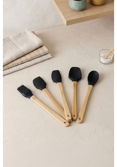 5'li Silikon Ve Bambu Saplı Mutfak Gereçleri Seti-spatula,fırça Servis Maşa Seti siyah