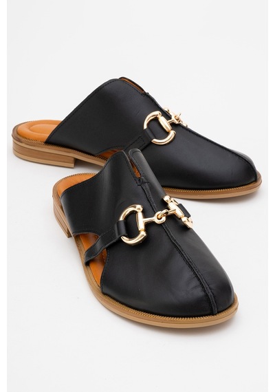 Luvishoes Luvi Shoes Favor Siyah Cilt Hakiki Deri Tokalı Önü Kapalı Kadın Terlik Siyah
