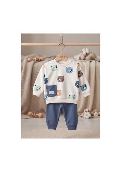 Deniva Kids Erkek Bebek Ayıcık Desenli Cepli Sweatshirt Ve Eşofman Altı 2'li Pamuklu Takım Beyaz