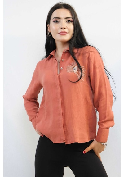 Sevgi Butik Moda Çizgi Taşlı Keten Gömlek Mc2301 Mercan 001