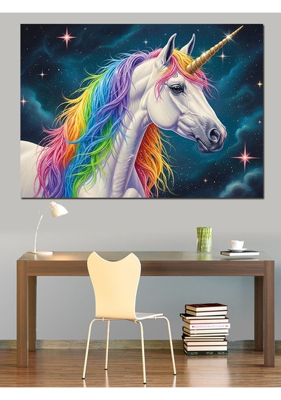 Uzayda Renkli Tekboynuzlu Unicorn At Dekoratif Kanvas - Mdf Ahşap Tablo