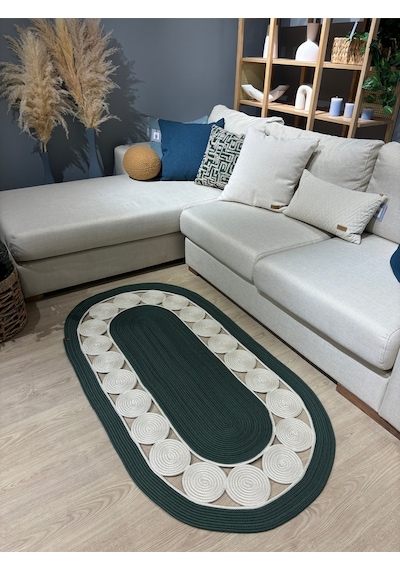 Mavaux Cookie Jüt Hasırlı El Örgüsü Kilim Krem - Yeşil