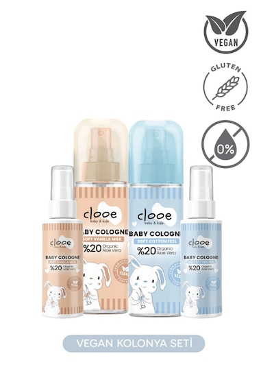Hassas Ciltlere Özel Organik Aloe Vera Özlü Pamuk ve Vanilya Kokulu Bebek Kolonyası 4'lü Set 150 Ml + 40 Ml x 2