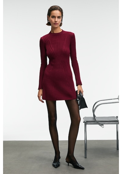 Grımelange ENCANTO Kadın Yuvarlak Yaka Çizgi Desenli Slim Fit Bordo Elbise