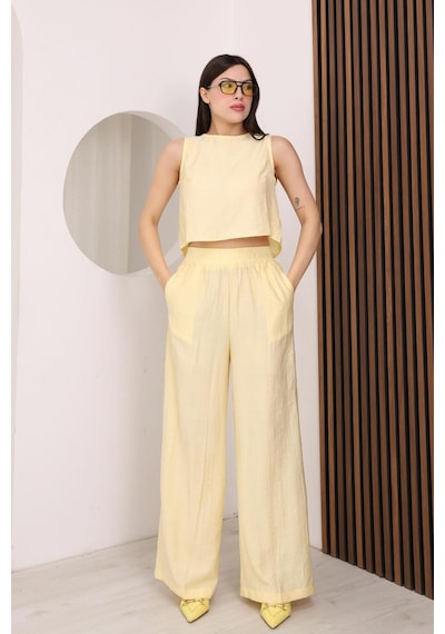 Famoda Sarı Sırtı Çapraz Bağcıklı Crop Bluz & Yüksek Bel Palazzo Pantolon Alt Üst Takım