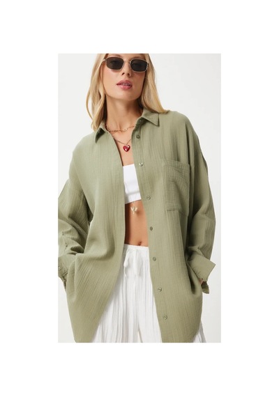 Thiff Gymwear Kadın Oversize Basic Cepli Müslin Gömlek Yeşil