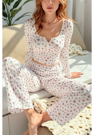 Bella Notte Çiçek Baskılı Uzun Kollu Pamuk - Viskon Pijama Takımı Beyaz