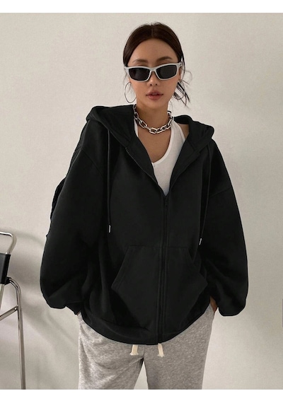 Startmore Relax&basic Kapüşonlu Sweatshirt Kolye Ve Bere 3lü Kombin Siyah Siyah