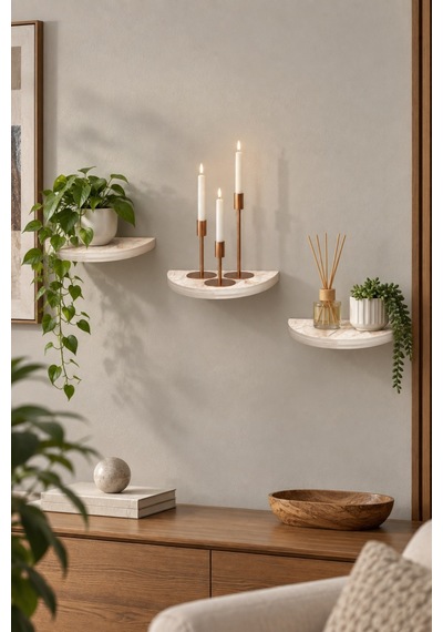 Sulorahome 3'lü Oval Duvar Rafı Mermer Desenli Beyaz Beyaz Mermer