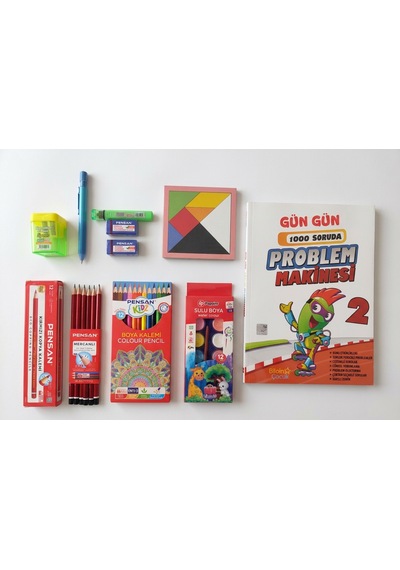 İlkokul 2. Sınıf Matematik Problem Çözme Kitabı Ve Pensan 12 Renk Boya & Kırtasiye Seti + Tangram