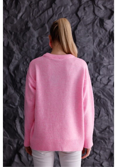 Qscob Bisiklet Yaka Oversize Basic Triko Kazak Pembe