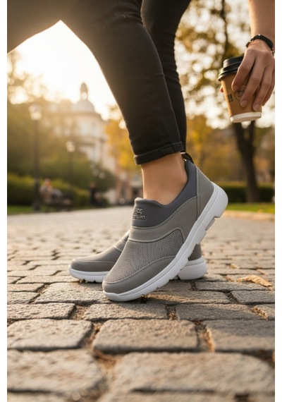 Enoch Erkek Bağcıksız Pratik Yürüyüş Ayakkabısı - Fileli Rahat Kalıp Slip-on Gri