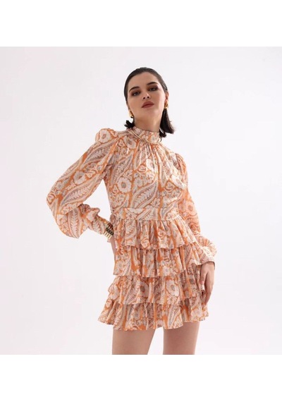 Fashion Cocktail Vatkalı Omuz Katlı Etek İthal Soft Otantik Desen Şifon Kumaşlı Uzun Kol Baharlık Mini Elbise Oranj Fashion Cocktail Vatkalı Omuz Katlı Etek İthal Soft Otantik Desen Şifon Kumaşlı Uzun Kol Baharlık Mini Elbise Oranj