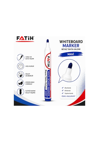 Fatih Beyaz Tahta Kalemi Mavi Whiteboard Marker Silinebilir Hızlı Kuruyan Düşük Kokulu Tahta Kalemi
