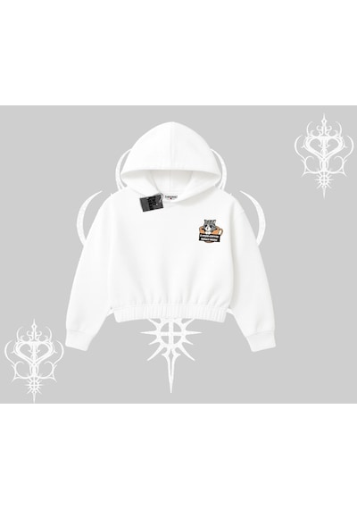 Need Coffee Right Meow Yazılı Kedi Baskılı Kapşonlu Crop Sweatshirt Beyaz