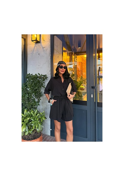 Nido Moda Kadın Cepli Oversize Gömlek Ve Beli Bağcıklı Şort İkili Takım Siyah
