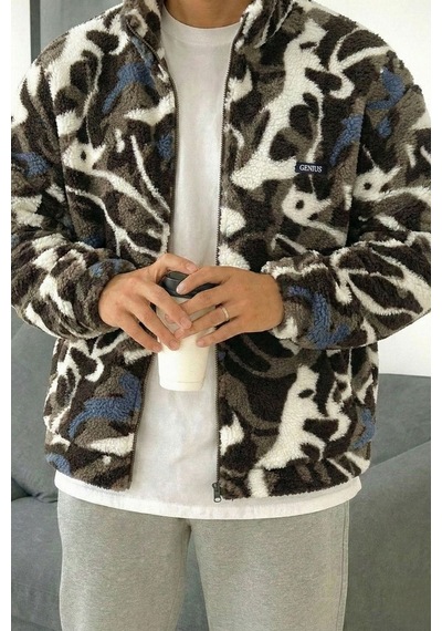 Genius Store Oversize Peluş Tam Fermuarlı Sweatshirt Peluş İçi Polarlı Sherpa Kumaş Sweatshirt Taş