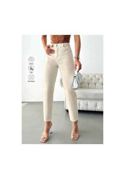Kene Jeans Yüksek Bel Taş Keten Mom Pantolon Taş