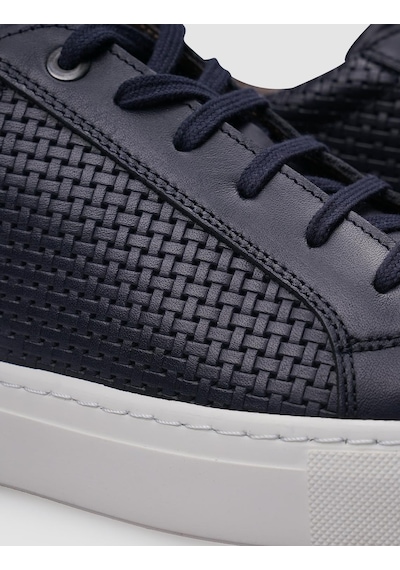 %100 Hakiki Deri Lacivert Bağcıklı Desenli Erkek Sneaker Lacivert