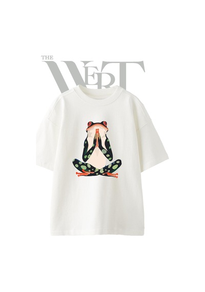 Thewert Yoga Frog Tasarım Baskılı Ünisex Beyaz Oversize T-shirt