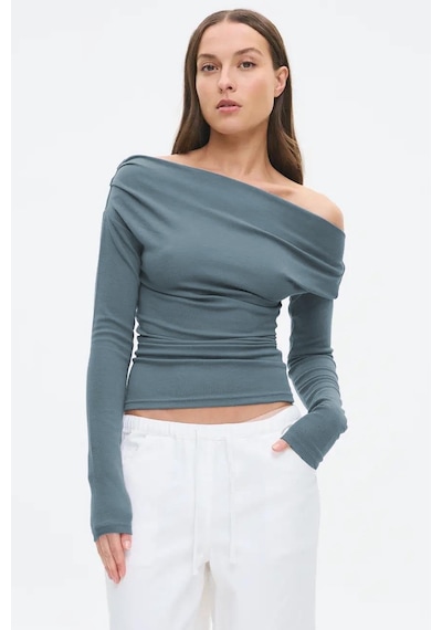Madmext Füme Kadın Off Shoulder Uzun Kollu Bluz Mg2567 Füme