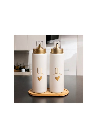 Bambu Standlı 2 Li Damlatmaz Kapaklı Cam 550 Ml Oil Yağdanlık Yağlık Set Beyaz Beyaz