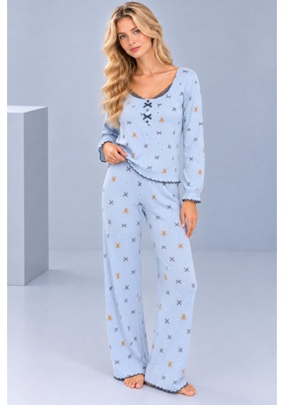 Pijamask Kadın Desenli Dantel Detaylı Fiyonk Ve Düğmeli Uzun Kollu Pijama Takımı Mavi-21